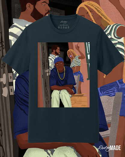 A navy blue Friday movie themed t-shirt with an illustration of movie character Craig being confronted on the front porch by his girlfriend as Smokie sits in laughter. The artwork is enlarged in the background.