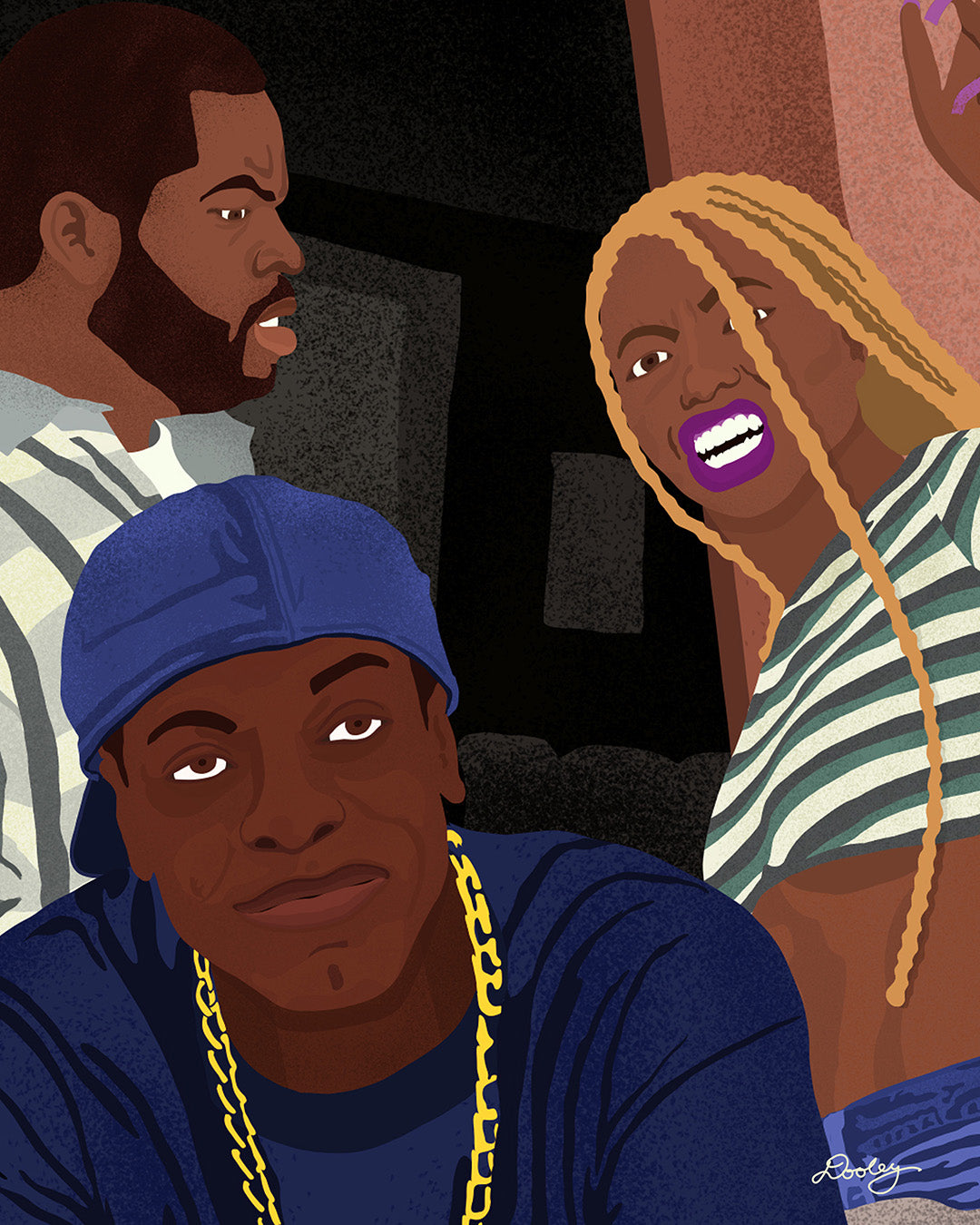A zoomed image of illustrated artwork titled “Tell Me Who She Was” themed after the movie Friday. Image shows the movie character Craig being confront his girlfriend as Smokie sits in laughter.