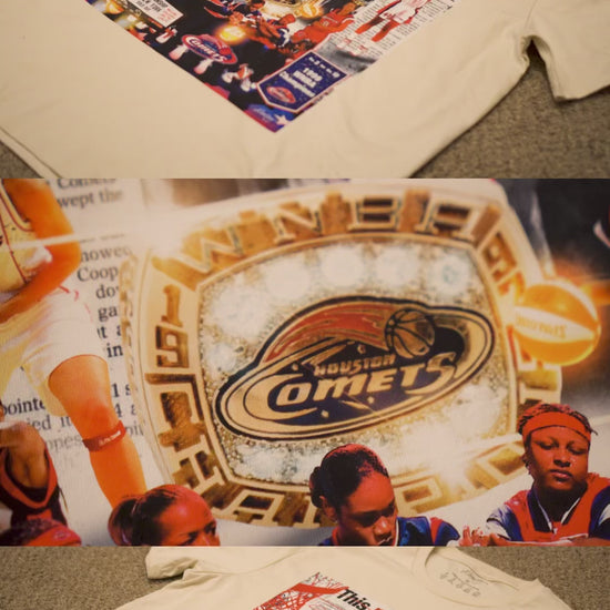 A video showing a Houston Comets shirt being made and packed. Features A collage by Dooley Made that celebrates the Houston Comets' dominance in the WNBA, highlighting their four consecutive championships from 1997 to 2000. The composition features key players, including Cynthia Cooper, Sheryl Swoopes, and Tina Thompson, in action and celebratory moments. A large WNBA championship ring is central, symbolizing their legacy. A newspaper clipping with the bold headline "This reign won’t stop."