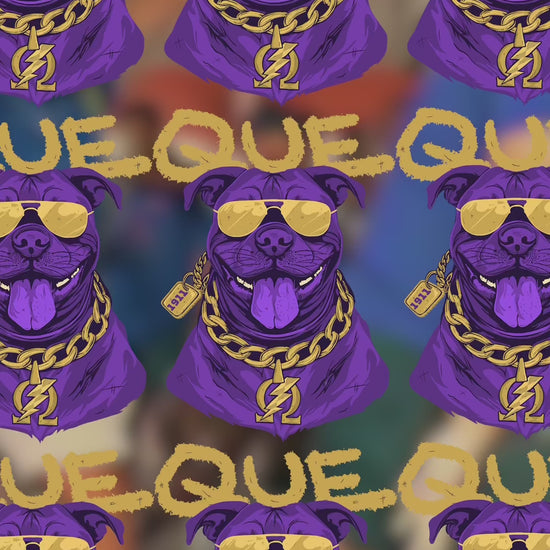 A video advertising a custom Omega Psi Phi themed shirt in black, gold and white, featuring a Pit Bull Dog wearing gold aviator sunglasses and a gold Omega Psi Phi "Blood and Thunder" necklace.