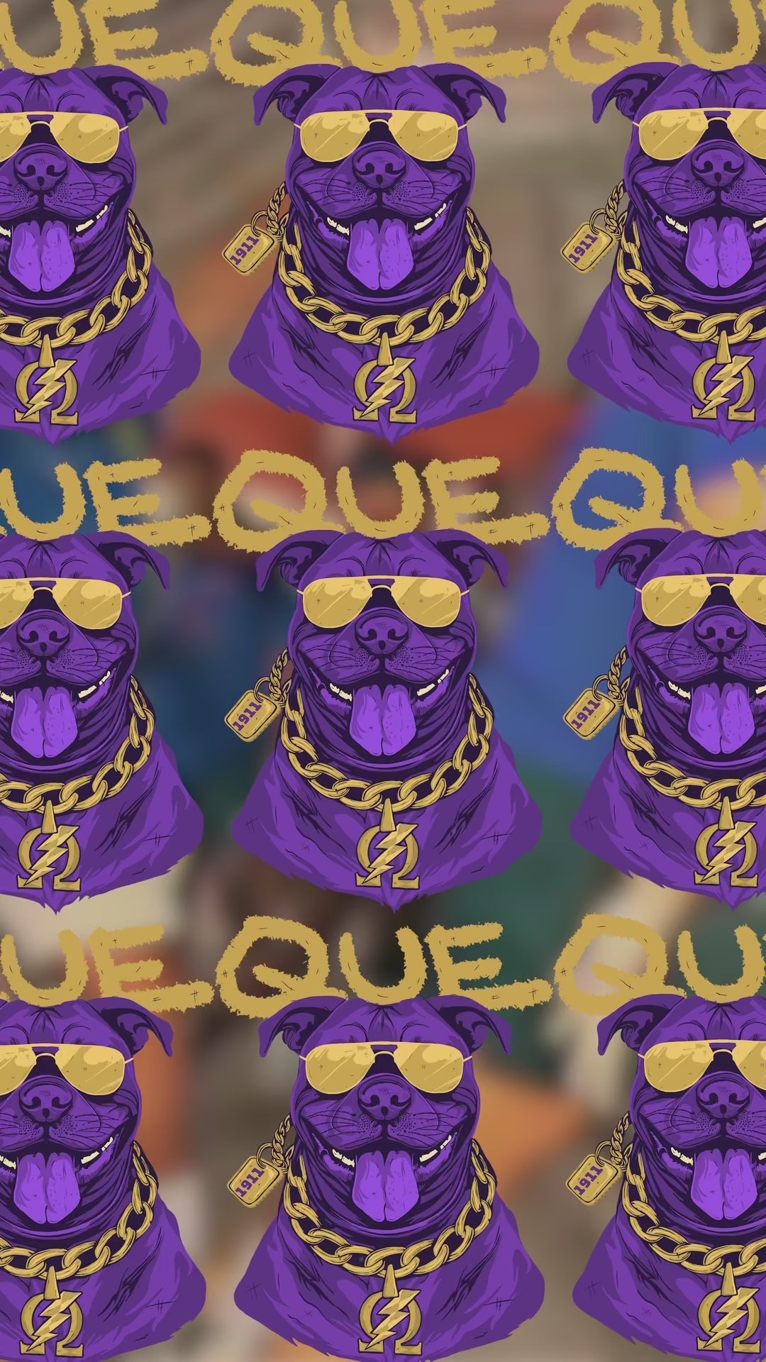 A video advertising a custom Omega Psi Phi themed shirt in black, gold and white, featuring a Pit Bull Dog wearing gold aviator sunglasses and a gold Omega Psi Phi "Blood and Thunder" necklace.